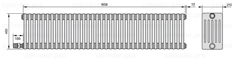 Схема (чертеж) Радиатор Zehnder Charleston 6045/36 №V003 Белый глянцевый RAL 9016